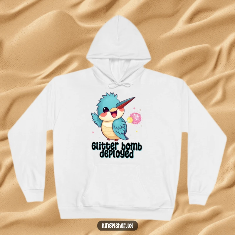 Funny Kingfisher Hoodie showing a kawaii kingfisher excitedly throwing a glitter bomb, leaving a trail of sparkles.