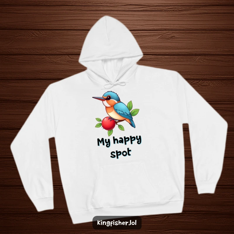 Funny Kingfisher Hoodie featuring a kawaii bird happily perched on a bright red berry, chirping, offering cozy humor.