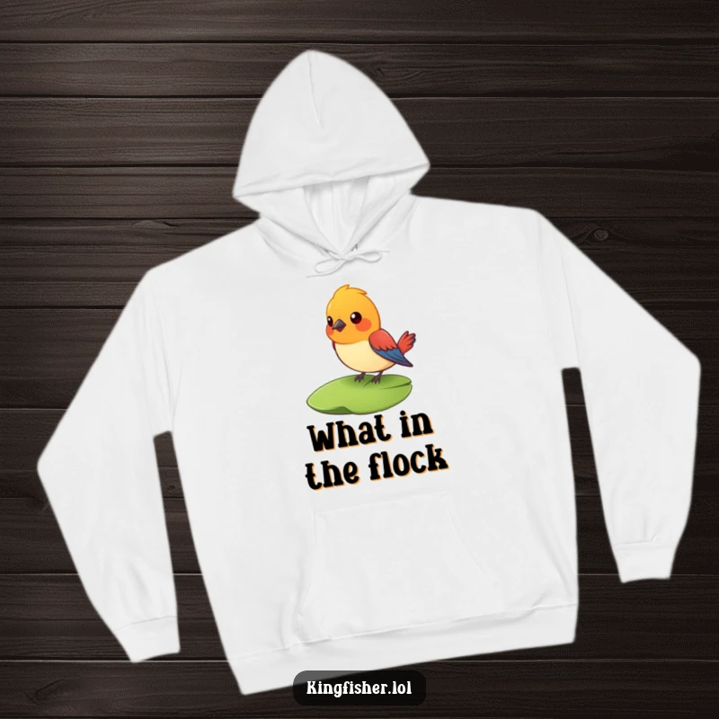 Funny Surprised Bird Hoodie: A brightly colored bird looks shocked while perched on a lily pad. Cozy and funny clothing.