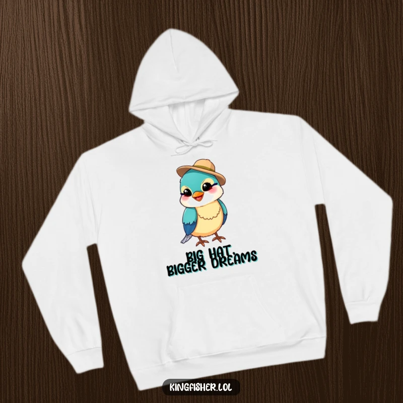 Funny kingfisher bird in a small fishing hat with a silly grin, featured on a soft, warm hoodie, a perfect funny gift.