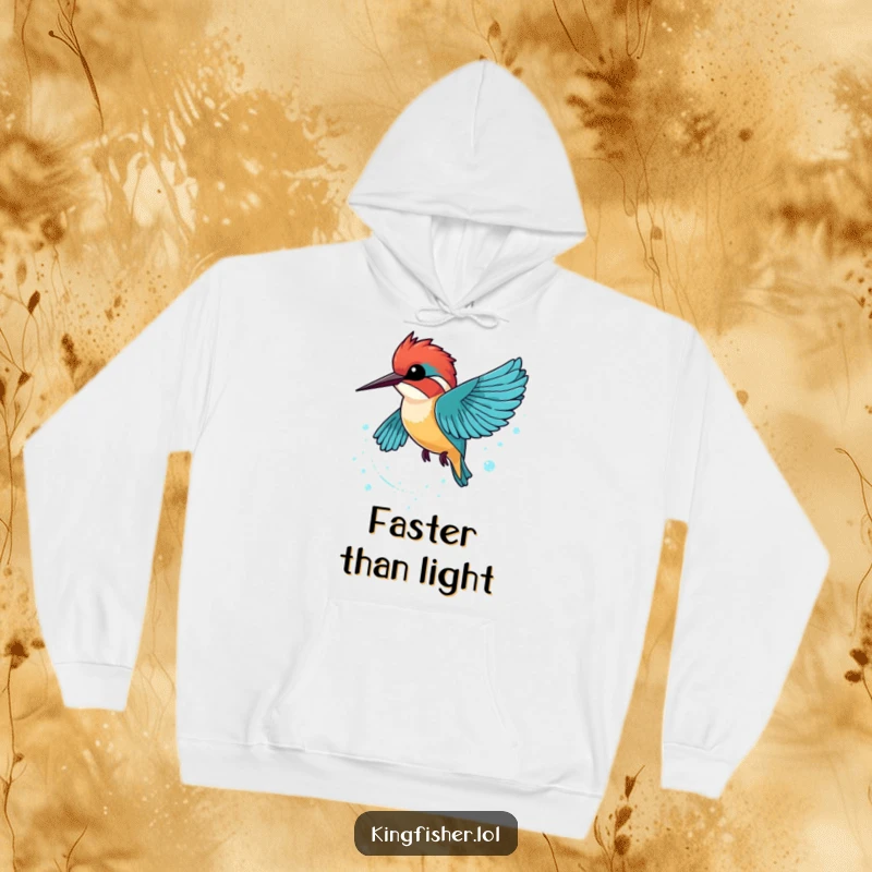 Funny Kingfisher Hoodie showing a kingfisher zooming past, leaving a delightful trail of sparkling bubbles.