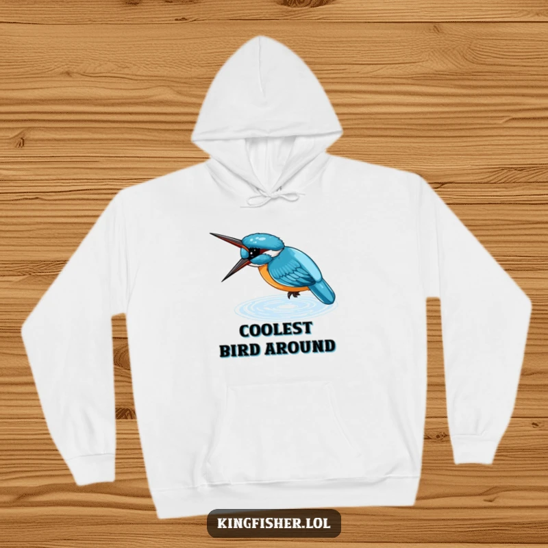 Funny Hoodie featuring a small, blue kingfisher diving headfirst into shimmering water, perfect for cozy nature appreciation.