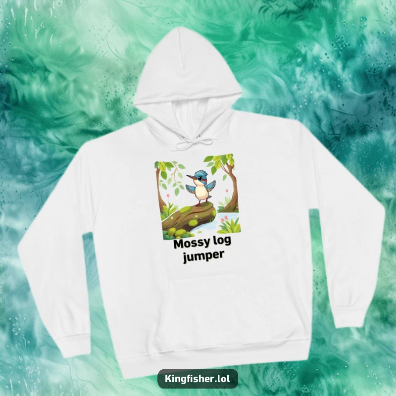 Funny Playful Kingfisher Hoodie: A playful kingfisher bird hopping excitedly on a mossy log, full of fun.