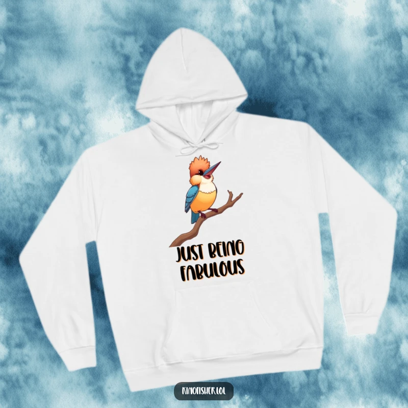 Proud Kingfisher Hoodie: A warm hoodie featuring a smiling kingfisher in a dramatic, proud pose on a twisted branch, perfect for casual wear.