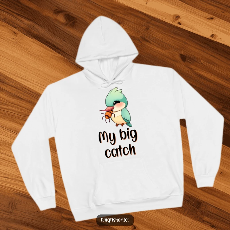 Funny Kingfisher Hoodie featuring a kawaii bird winking with a comically oversized insect, perfect for cozy, humorous wear.