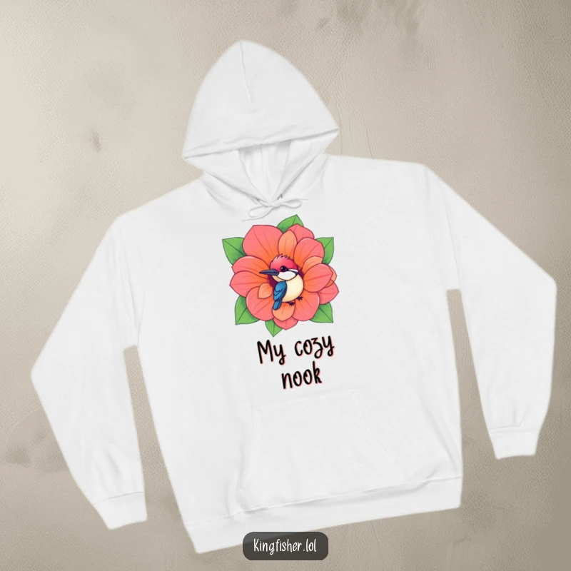 Funny Kingfisher Hoodie featuring a kawaii bird peeking from a giant flower, offering cozy humor and charm.