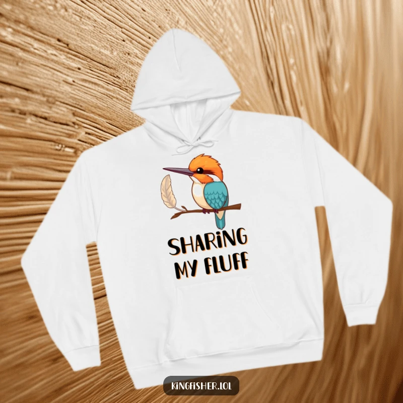 Funny Hoodie: A shy kingfisher bird offering a delicate feather with its wing, providing cozy comfort and quiet humor.