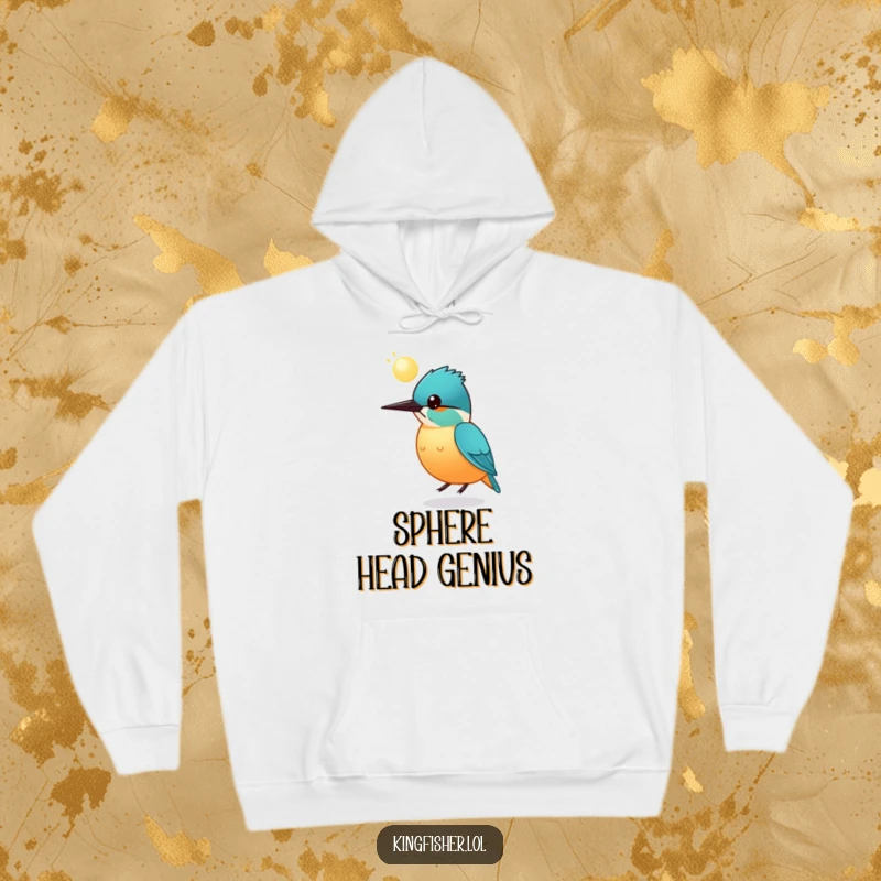 Funny round kingfisher hoodie, a plump bird bouncing a glowing sphere on its head, comfortable and whimsical apparel.