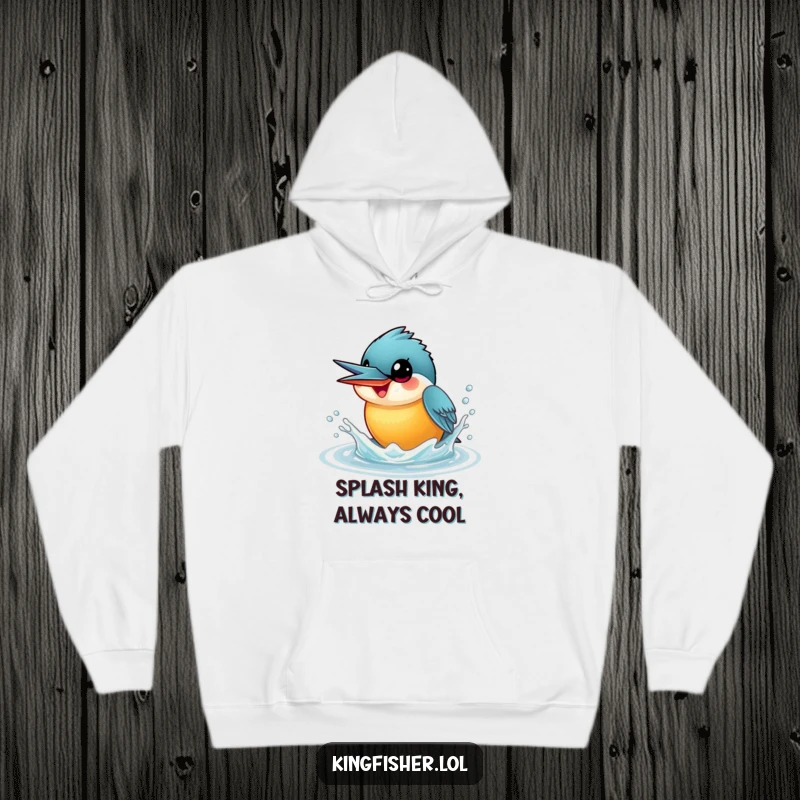 Funny Kingfisher Hoodie featuring a smiling kingfisher with wide eyes, caught mid-splash while playfully tossing water upwards with glee.
