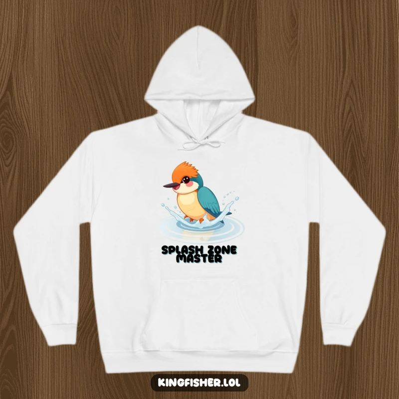 Funny hoodie featuring a happy kingfisher splashing playfully in water, offering warmth and cheerful humor.