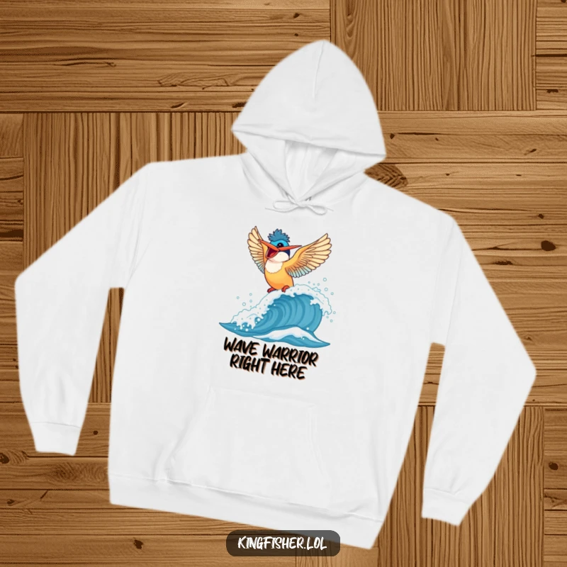 Funny Kingfisher Hoodie: A happy bird glides on a bouncy wave, wings spread wide, bringing cheerful energy.