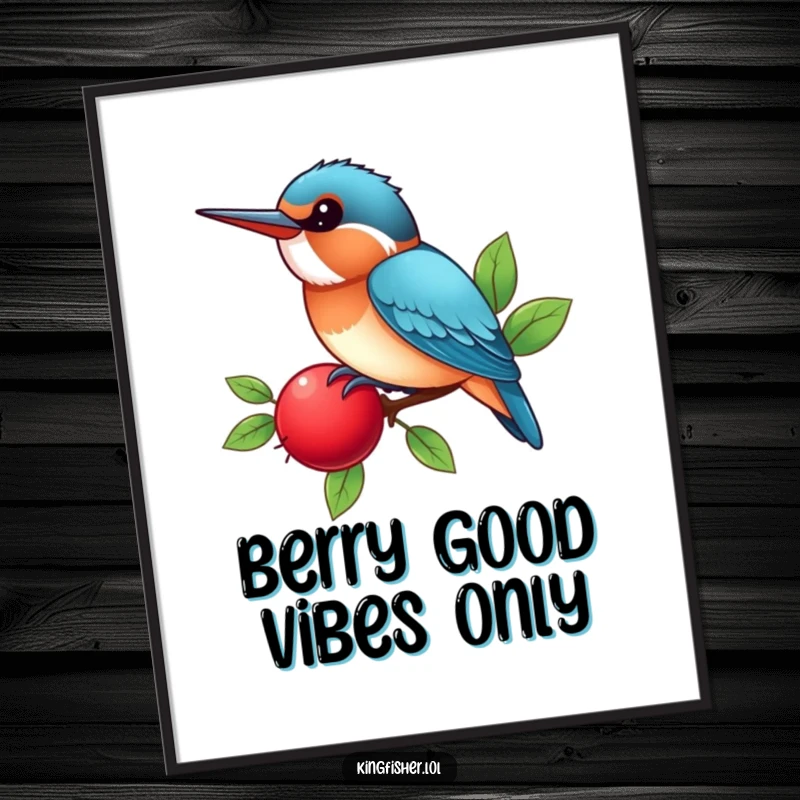 Free printable wall art: A kawaii kingfisher bird chirps happily while perched on a bright red berry, creating a cheerful decor piece.