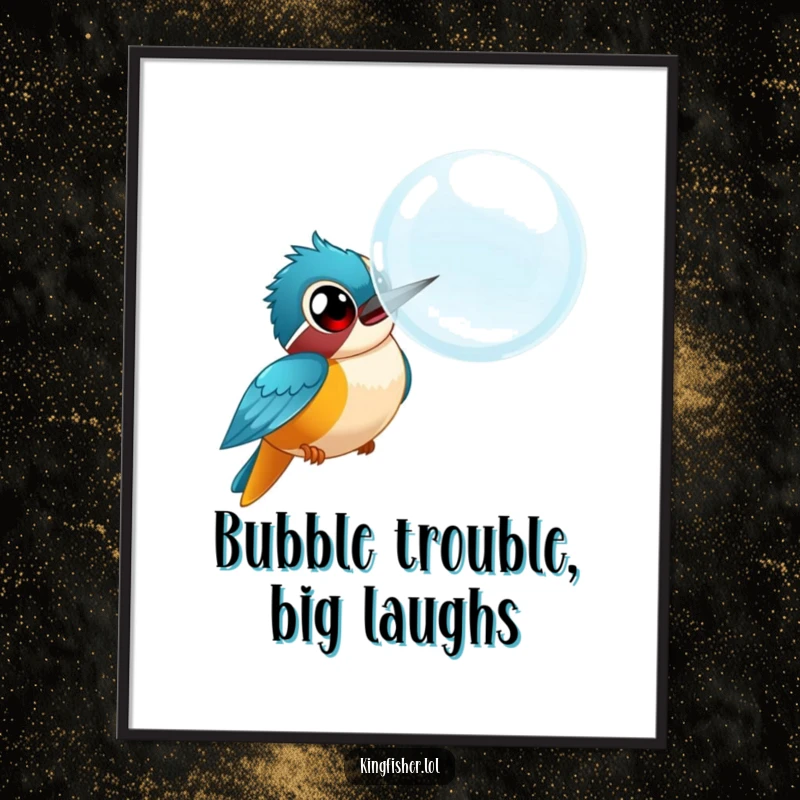 Funny Free Printable Wall Art: Kingfisher Bird with Exaggeratedly Wide Eyes Chasing a Giant Bubble, whimsical decor.