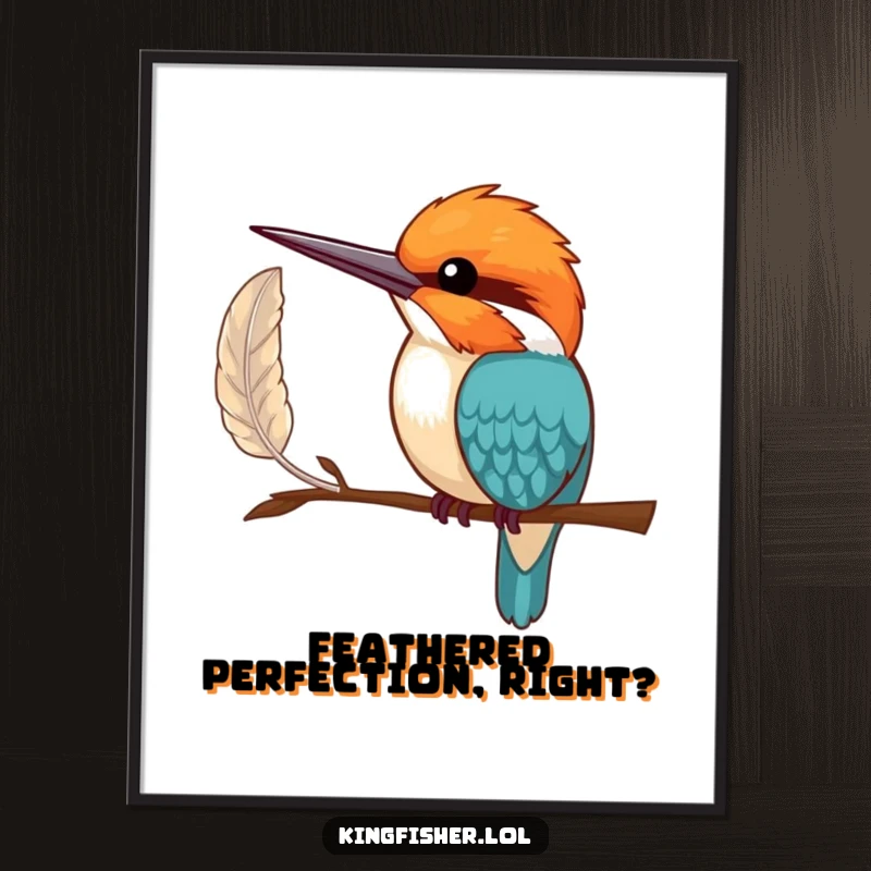 Funny Free Printable Wall Art featuring a shy kingfisher bird offering a single, perfect feather with one wing, adding gentle personality.