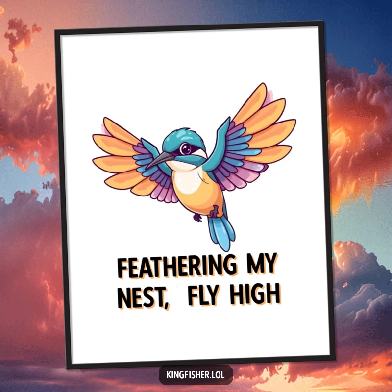 Free printable wall art: A kawaii kingfisher bird with wings spread wide, captured mid-flight and trailing vibrant, colorful feathers.