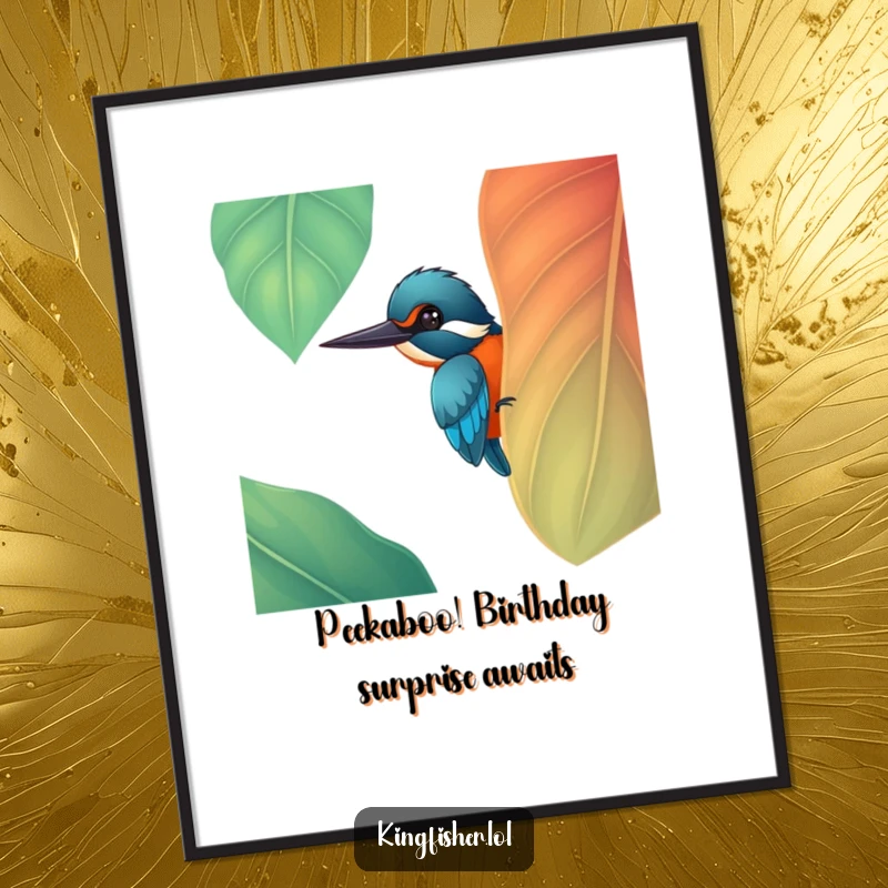 Funny Free Printable Wall Art: A cheerful kingfisher peeks from behind a large, colorful leaf, bringing joy.