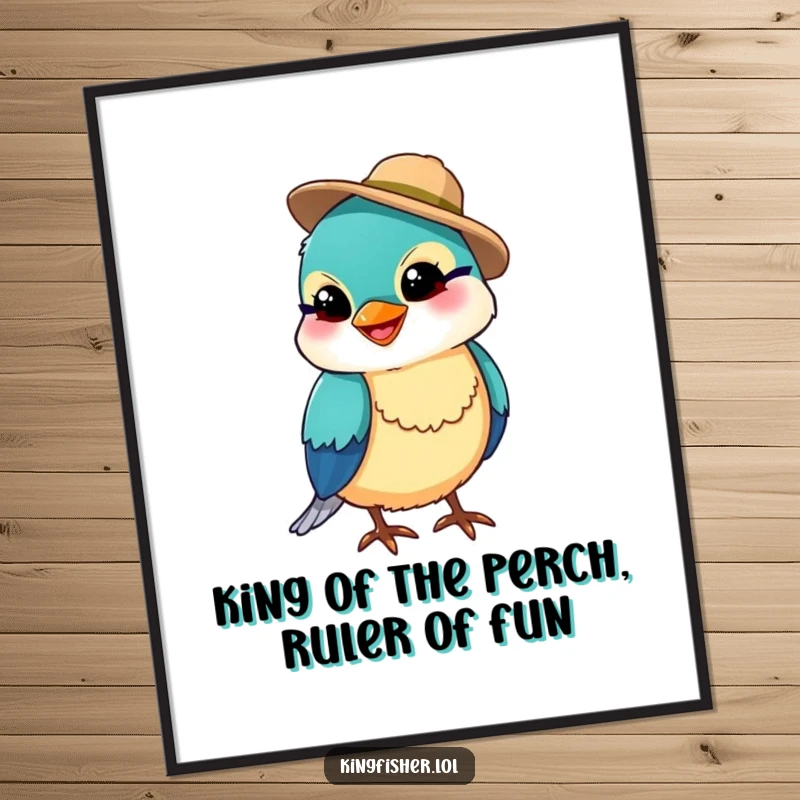 Funny Free Printable Wall Art: A tiny kingfisher with a goofy grin and fishing hat, perfect for whimsical decor.