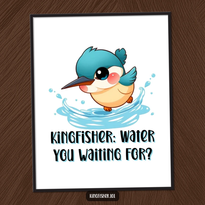 Funny Free Printable Wall Art: Cute kingfisher bird with big eyes diving headfirst into sparkling blue water.
