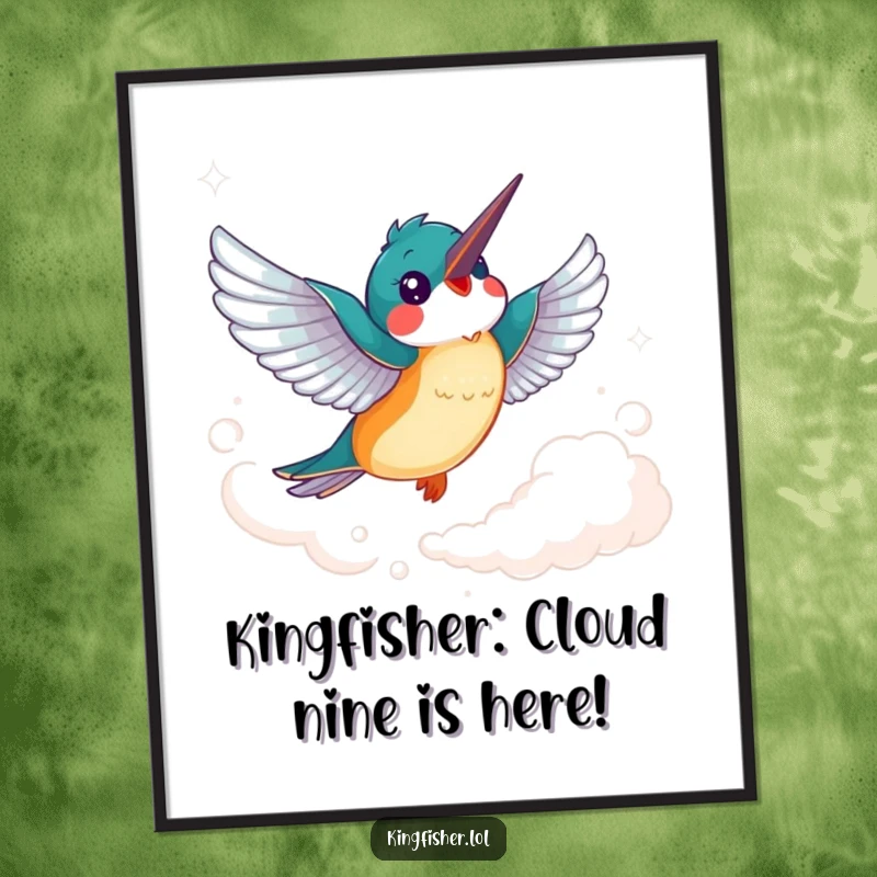 Funny Free Printable Wall Art: Cheerful kingfisher bird with flapping wings soaring joyfully through a wispy cloud.