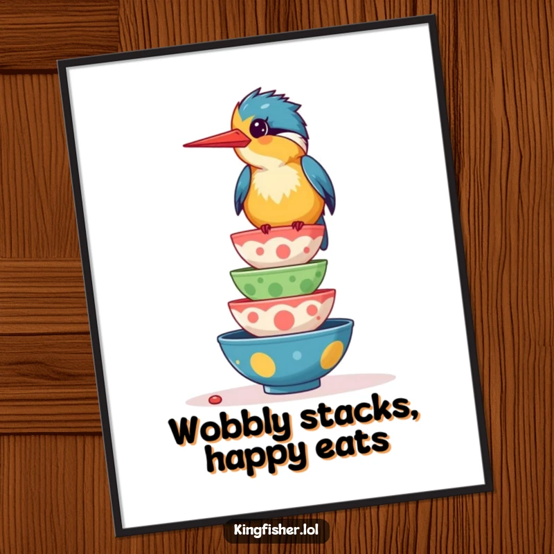 Funny Free Printable Wall Art: A giggling kingfisher bird comically balancing a tall stack of colorful, wobbling food bowls.