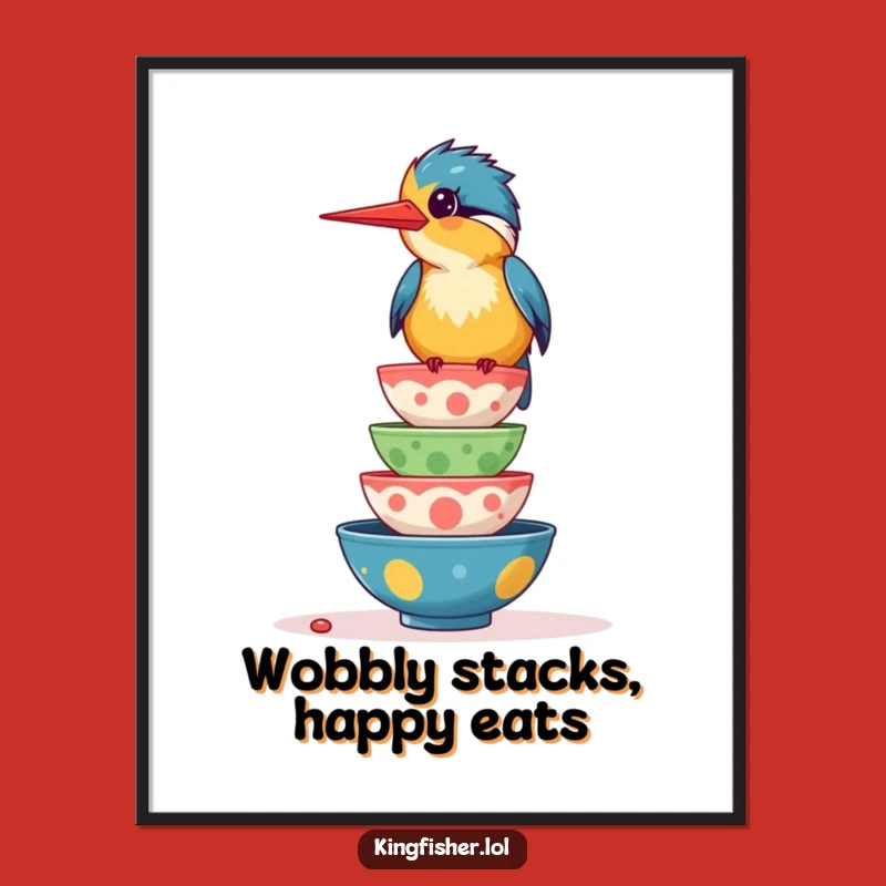 Free Printable Wall Art: Giggling Kingfisher Food Stack - Humorous Downloadable Decor