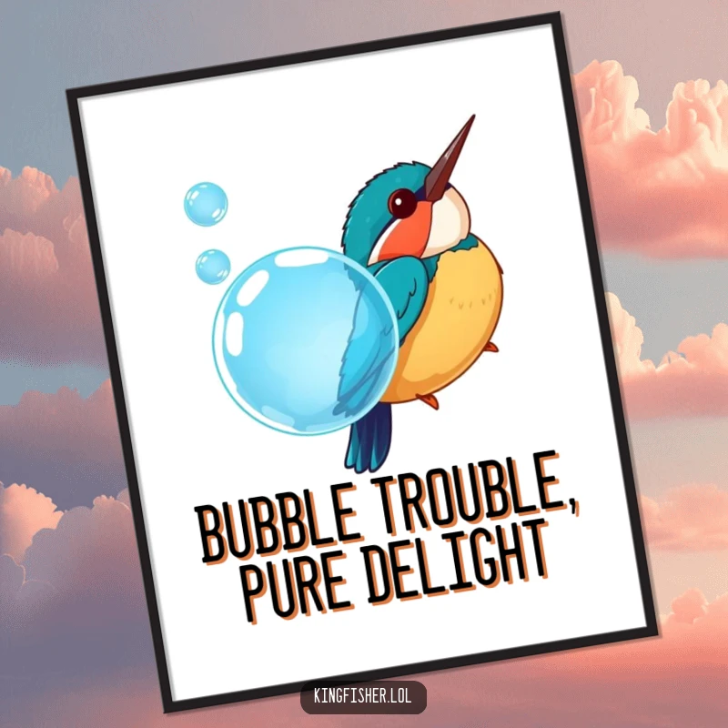Funny Free Printable Wall Art: A cheerful kingfisher bird performing a humorous dive into a large, sparkling blue bubble.