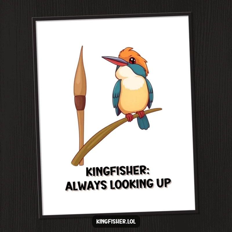 Funny Free Printable Wall Art depicting a happy kingfisher bird perched precariously on a swaying reed, looking upwards with a joyful smile. Downloadable art.