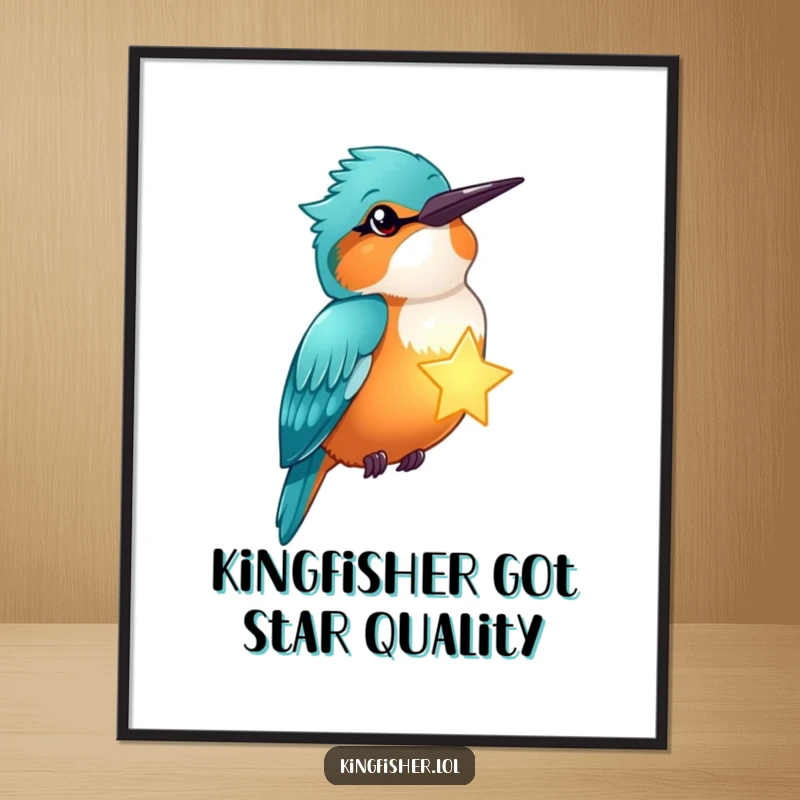 Funny Free Printable Wall Art: A kingfisher with a playful wink holds a luminous glowing star, adding a touch of whimsy and magic.