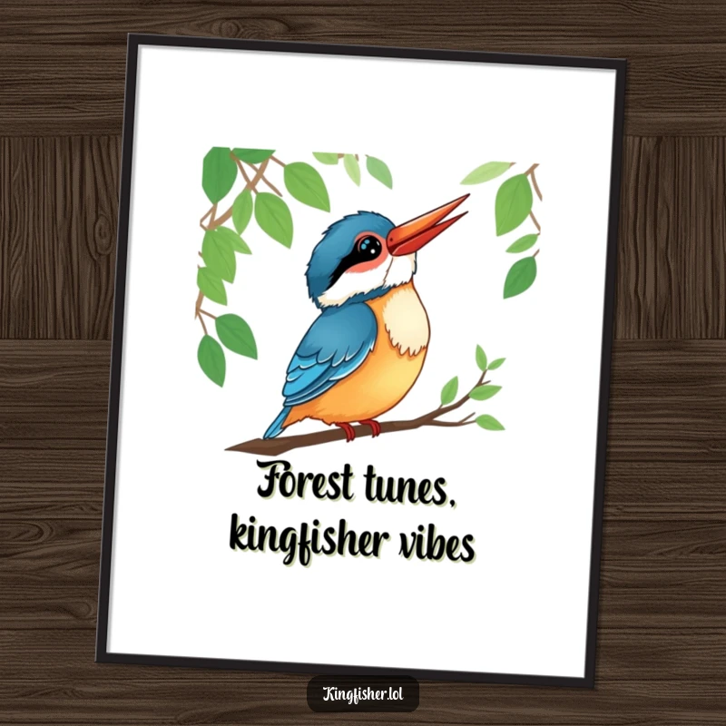 Funny Free Printable Wall Art: A smiling kingfisher tilting its head, intently listening to the subtle sounds of the forest.
