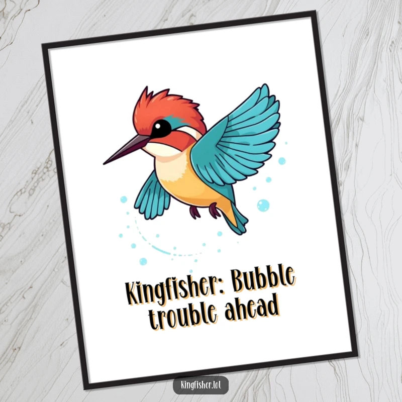 Funny Free Printable Wall Art: A kingfisher is depicted zooming past with a dynamic trail of sparkling bubbles.