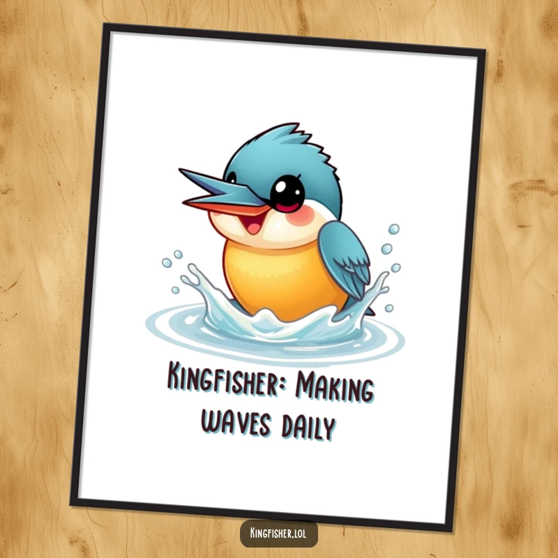 Funny Free Printable Kingfisher Wall Art: A wide-eyed kingfisher creates a playful water splash, bringing cheerful energy.