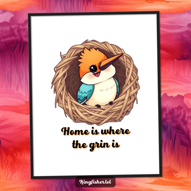 Funny Free Printable Wall Art: Curious kingfisher with a big grin, peeking playfully from the edge of a woven nest.