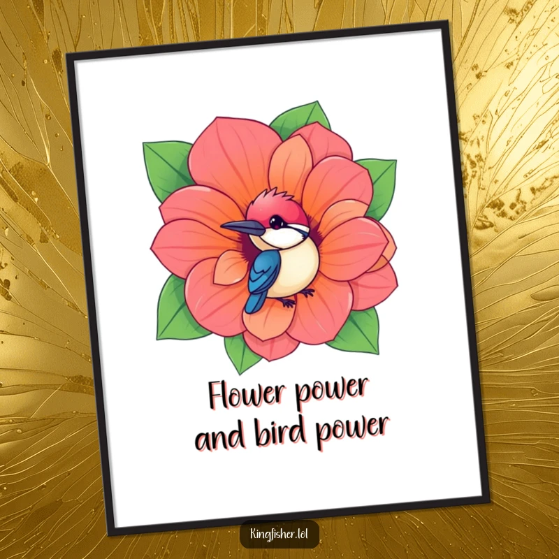 Free printable wall art: A kawaii kingfisher bird peeks from a hole in a giant, colorful flower, creating a whimsical decor piece.
