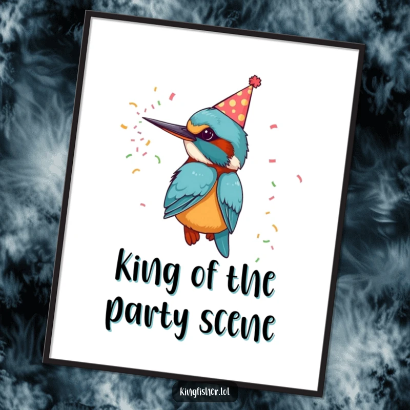 Funny Free Printable Wall Art: A kingfisher bird wearing a tiny party hat and enthusiastically blowing a confetti cannon.