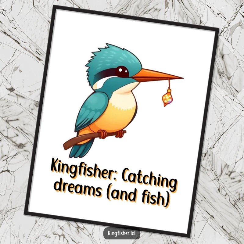 Cute Free Printable Kawaii Kingfisher Wall Art: A kawaii kingfisher catches a sparkling tiny fish, adding sweet charm to your decor.