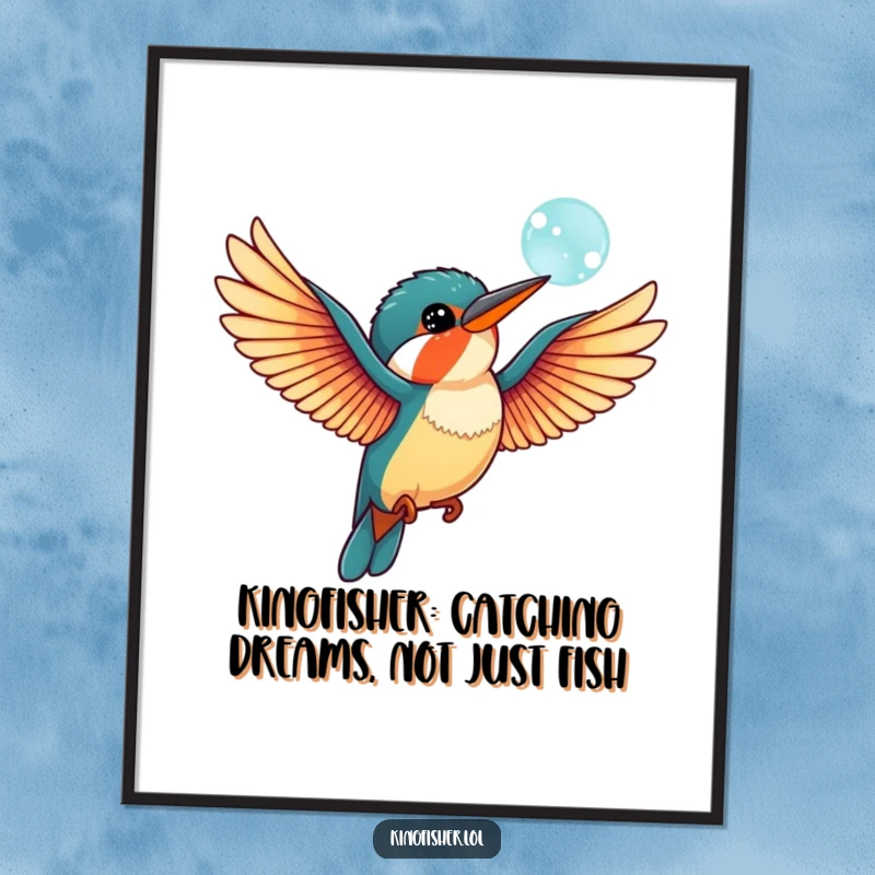 Funny Free Printable Wall Art showcasing a charming kingfisher bird with wings spread, playfully interacting with a floating bubble. Downloadable art.