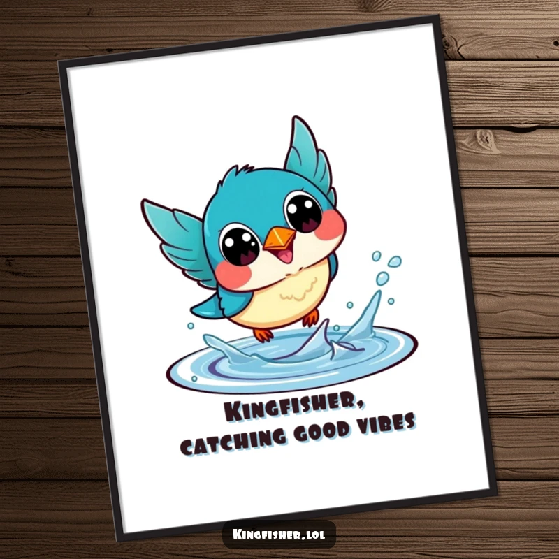 Funny Free Printable Wall Art of a kawaii kingfisher bird with exaggerated happy eyes diving headfirst into water, full of life.