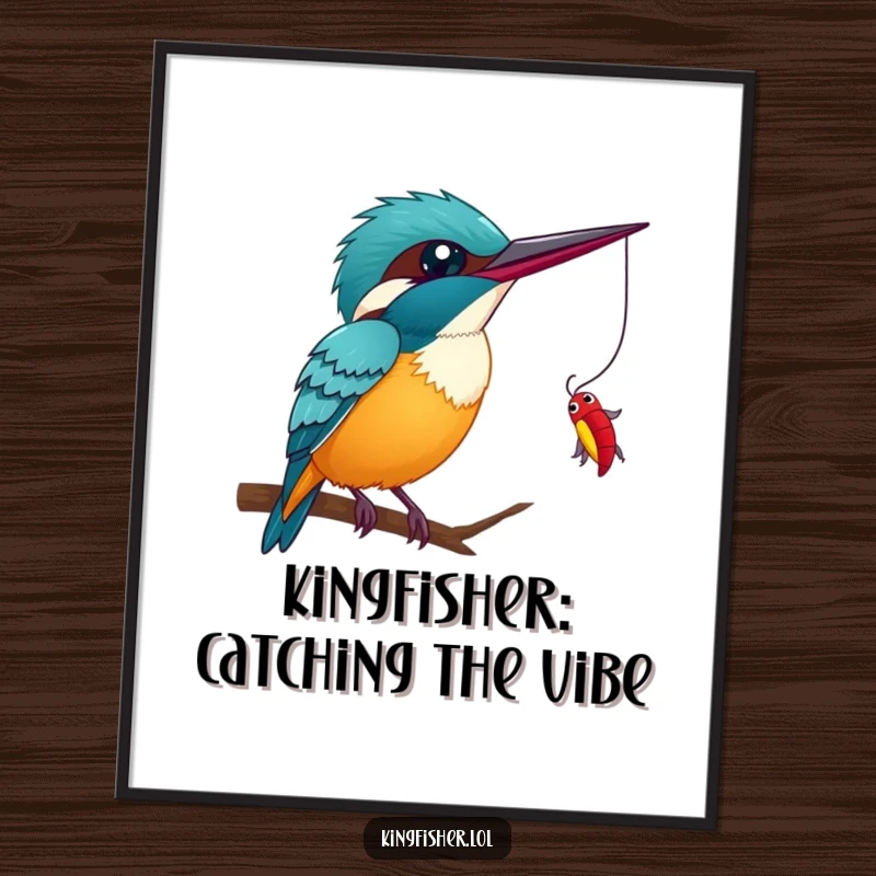Funny Free Printable Wall Art: Winking kingfisher with an exaggerated wink, poised to catch a dangling bug.