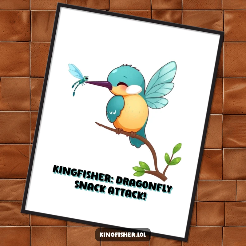 Funny Free Printable Wall Art: Small smiling kingfisher bird pecking playfully at a shimmering dragonfly.