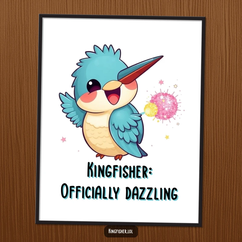 Funny Free Printable Wall Art: A kawaii kingfisher with a giant grin about to throw a glitter bomb.