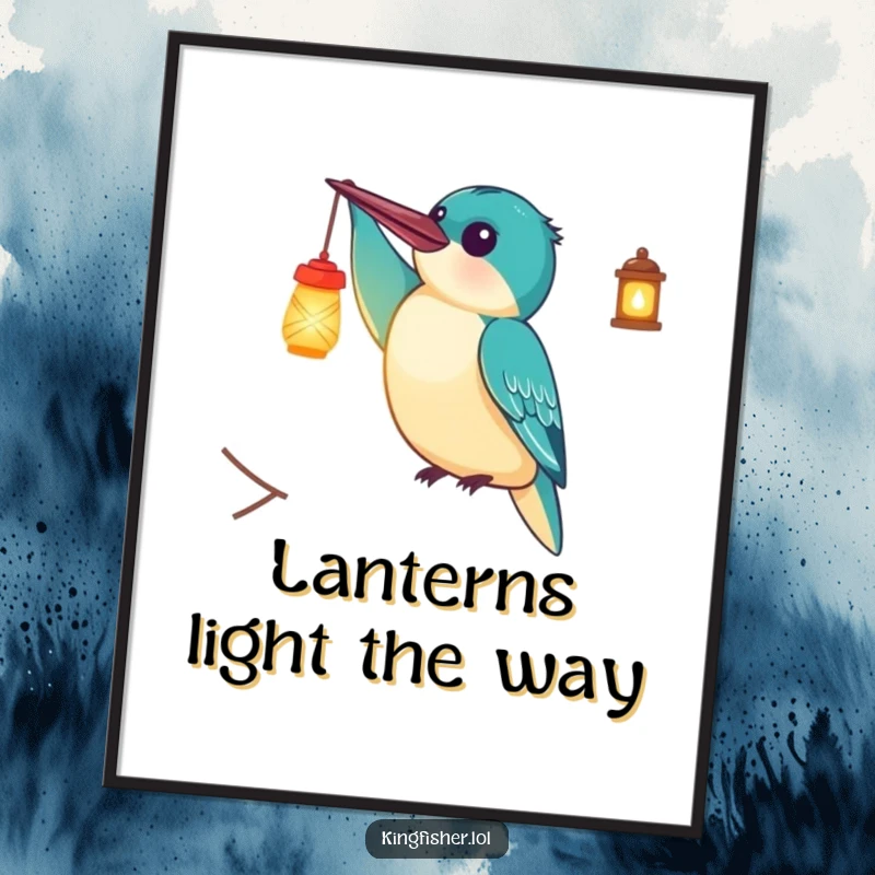 Funny Free Printable Wall Art featuring a delighted kingfisher bird holding a tiny, glowing lantern aloft, casting a warm and humorous light.