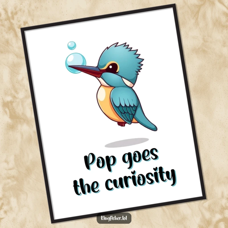 Funny Free Printable Kingfisher Wall Art: A curious kingfisher tilting its head towards a floating bubble, adding whimsical charm.