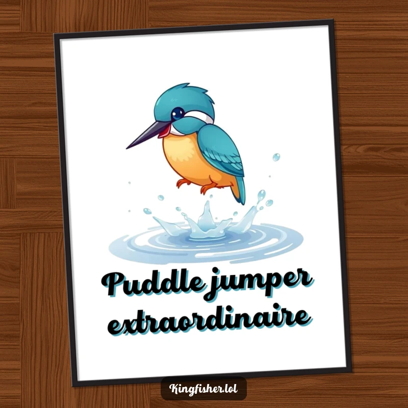 Funny Free Printable Wall Art depicting a playful kingfisher bird splashing joyfully in a tiny, shimmering puddle, bringing vibrant energy indoors.