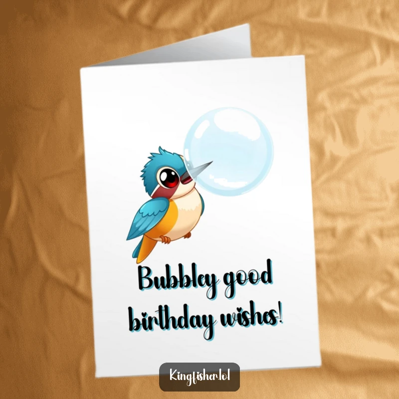 Funny Free Printable Birthday Card: Kingfisher with Wide Eyes Chasing a Giant Bubble, full of hilarious surprise.