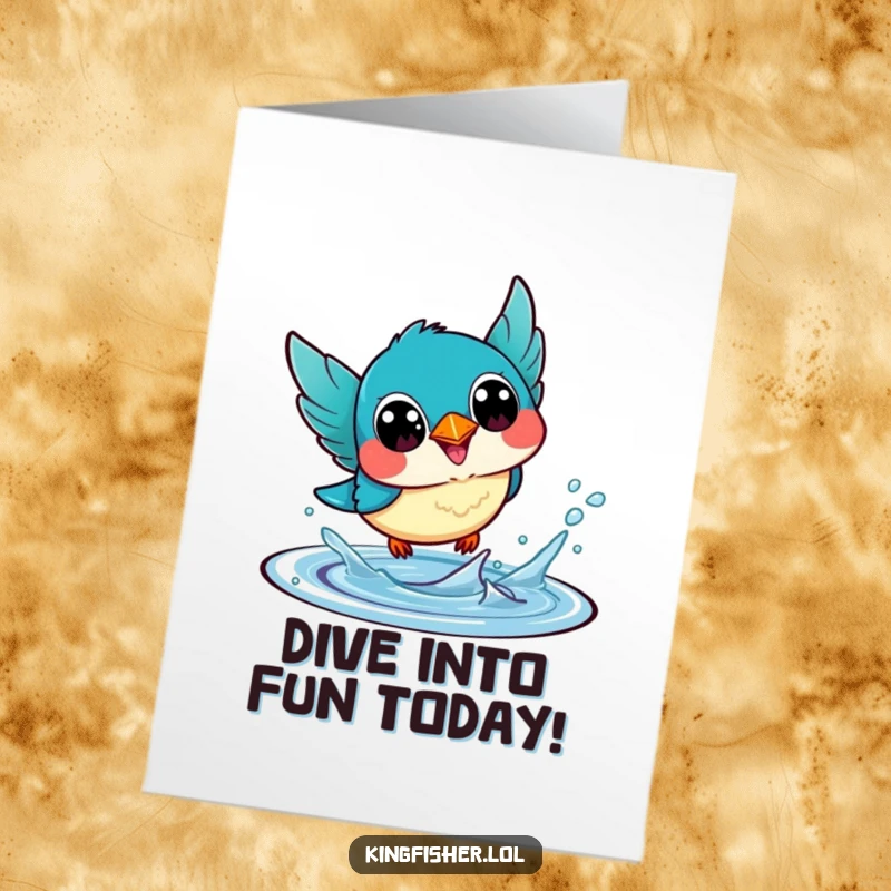 Funny Free Printable Birthday Card featuring a kawaii kingfisher bird with happy eyes diving headfirst into water, celebrating.