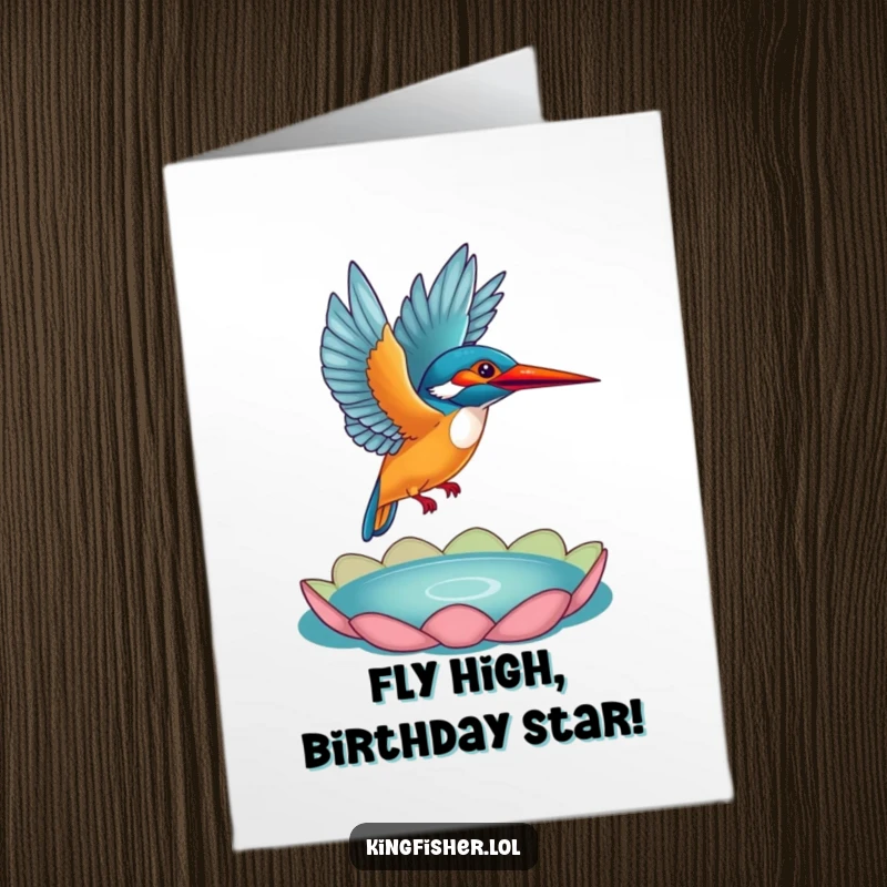 Funny Free Printable Kingfisher Birthday Card: Energetic bird mid-flight from a vibrant lily pad, ready to deliver laughs.
