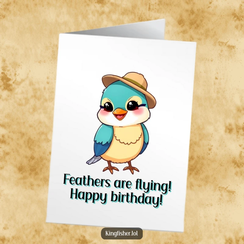 Funny Free Printable Birthday Card: Tiny kingfisher wearing a fishing hat grins, ready to celebrate your special day.