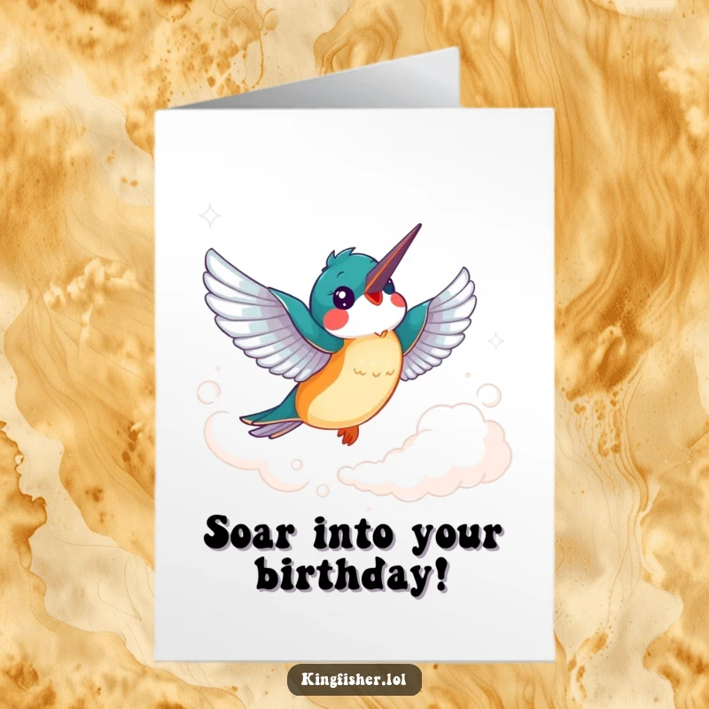 Funny Free Printable Birthday Card: Cheerful kingfisher bird with flapping wings soaring joyfully through a wispy cloud.