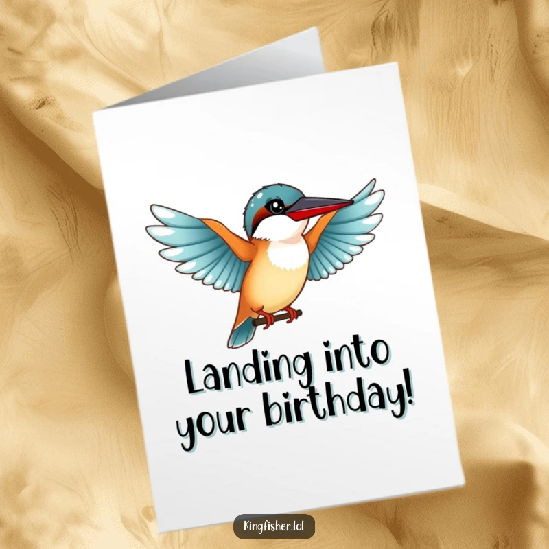 Funny Free Printable Birthday Card: Kingfisher Bird Preparing for a Graceful Landing