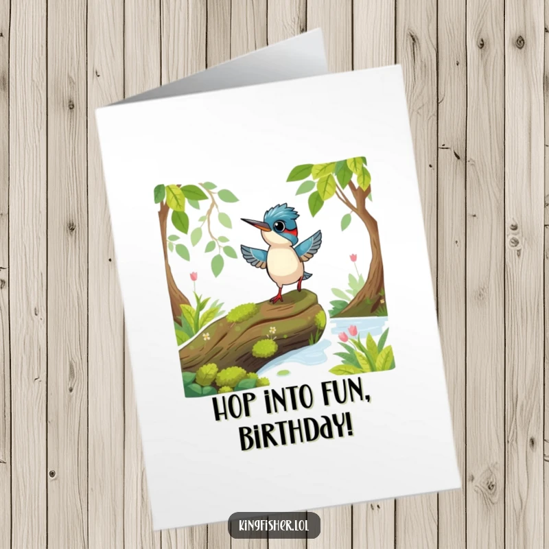 Funny Free Printable Birthday Card: Playful Kingfisher Bird Hopping on a Mossy Log